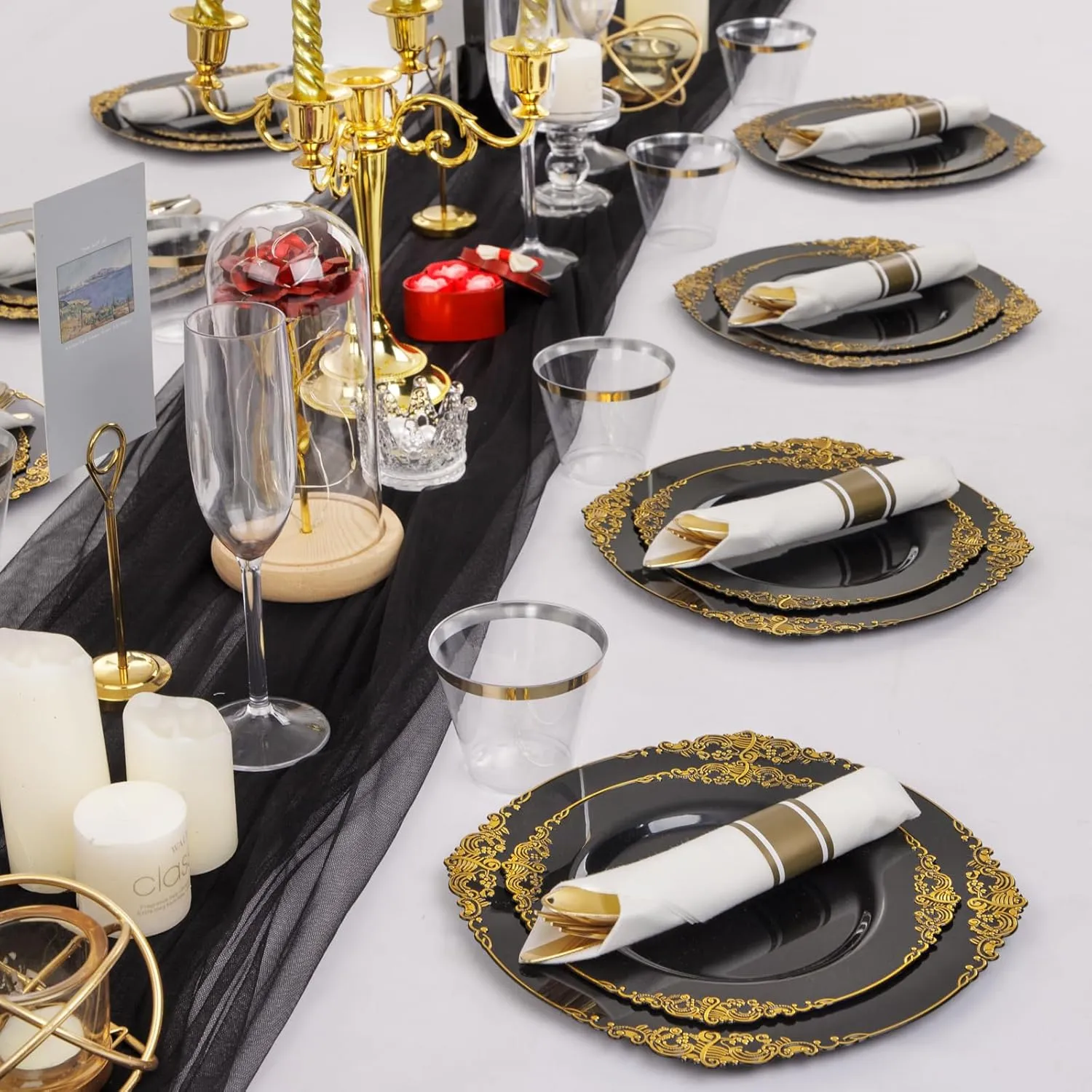 Nervure 175PCS Black Plastic Plates - Disposable Black Gold Party Plates & Pre Rolled Napkins with Cutlery for 25 Guests, 50Plates, 75Silverware, 25Cups, 25Napkin for Wedding & Father's Day & New Year