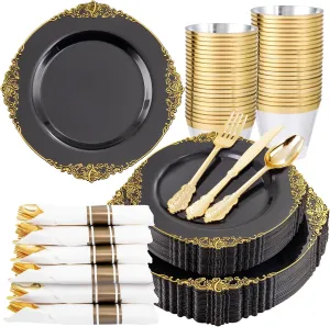 Nervure 175PCS Black Plastic Plates - Disposable Black Gold Party Plates & Pre Rolled Napkins with Cutlery for 25 Guests, 50Plates, 75Silverware, 25Cups, 25Napkin for Wedding & Father's Day & New Year
