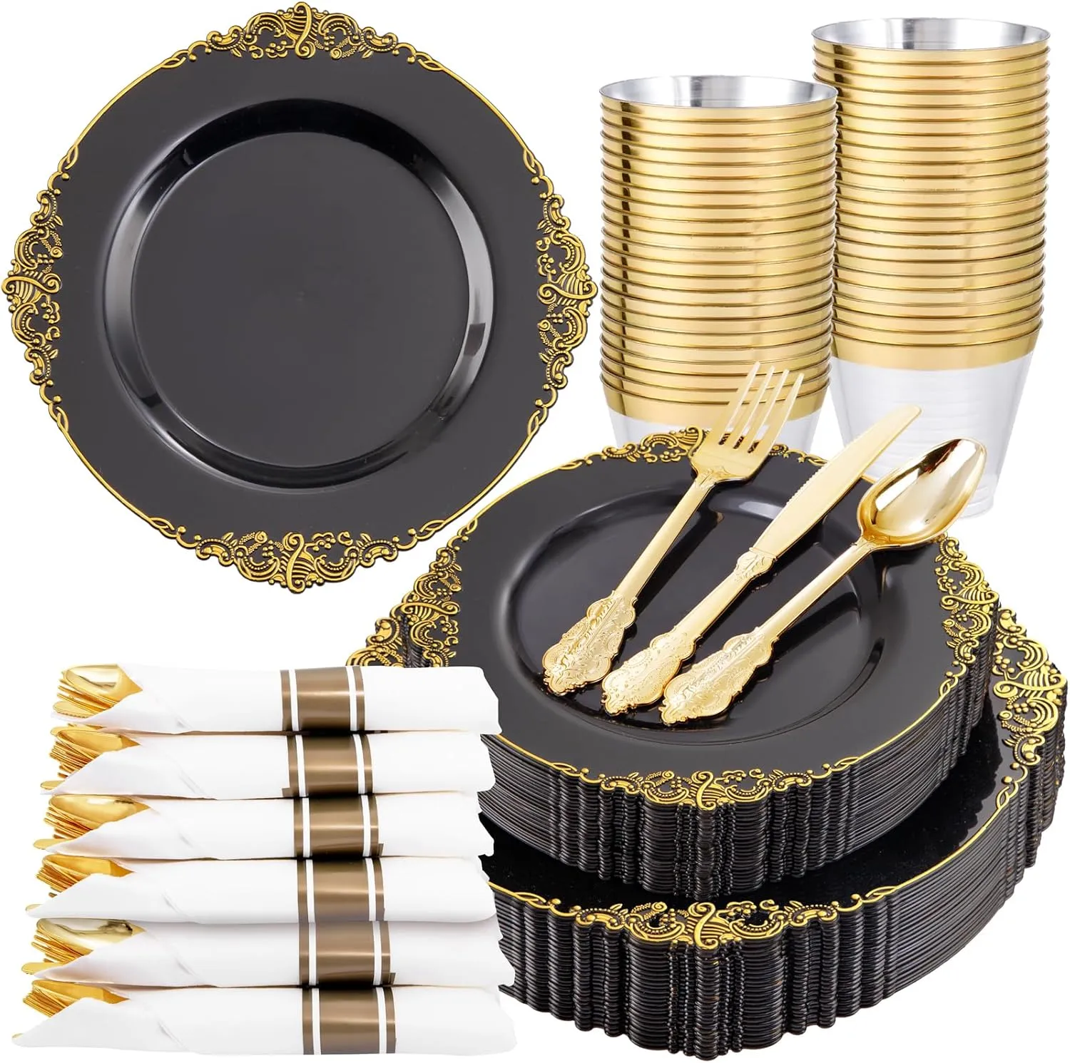 Nervure 175PCS Black Plastic Plates - Disposable Black Gold Party Plates & Pre Rolled Napkins with Cutlery for 25 Guests, 50Plates, 75Silverware, 25Cups, 25Napkin for Wedding & Father's Day & New Year