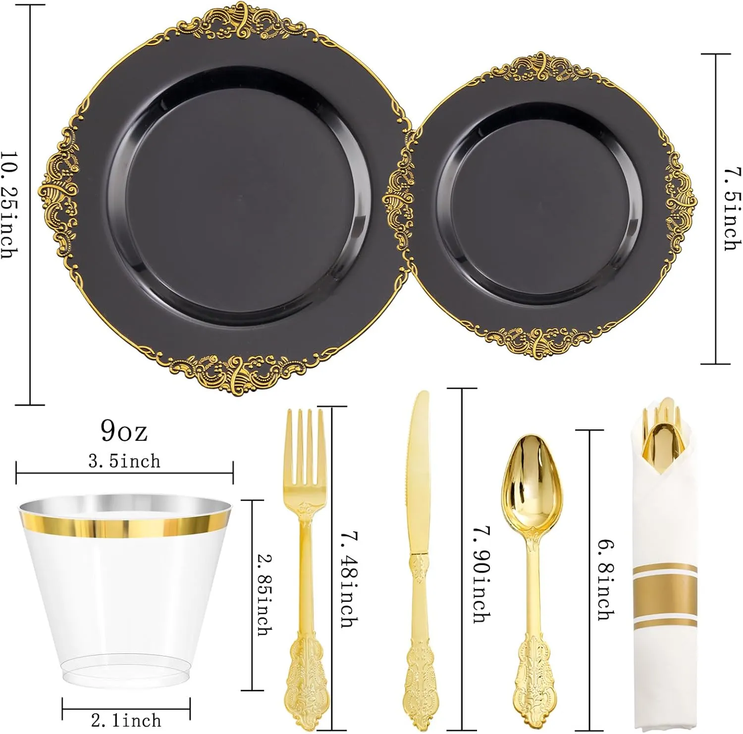 Nervure 175PCS Black Plastic Plates - Disposable Black Gold Party Plates & Pre Rolled Napkins with Cutlery for 25 Guests, 50Plates, 75Silverware, 25Cups, 25Napkin for Wedding & Father's Day & New Year