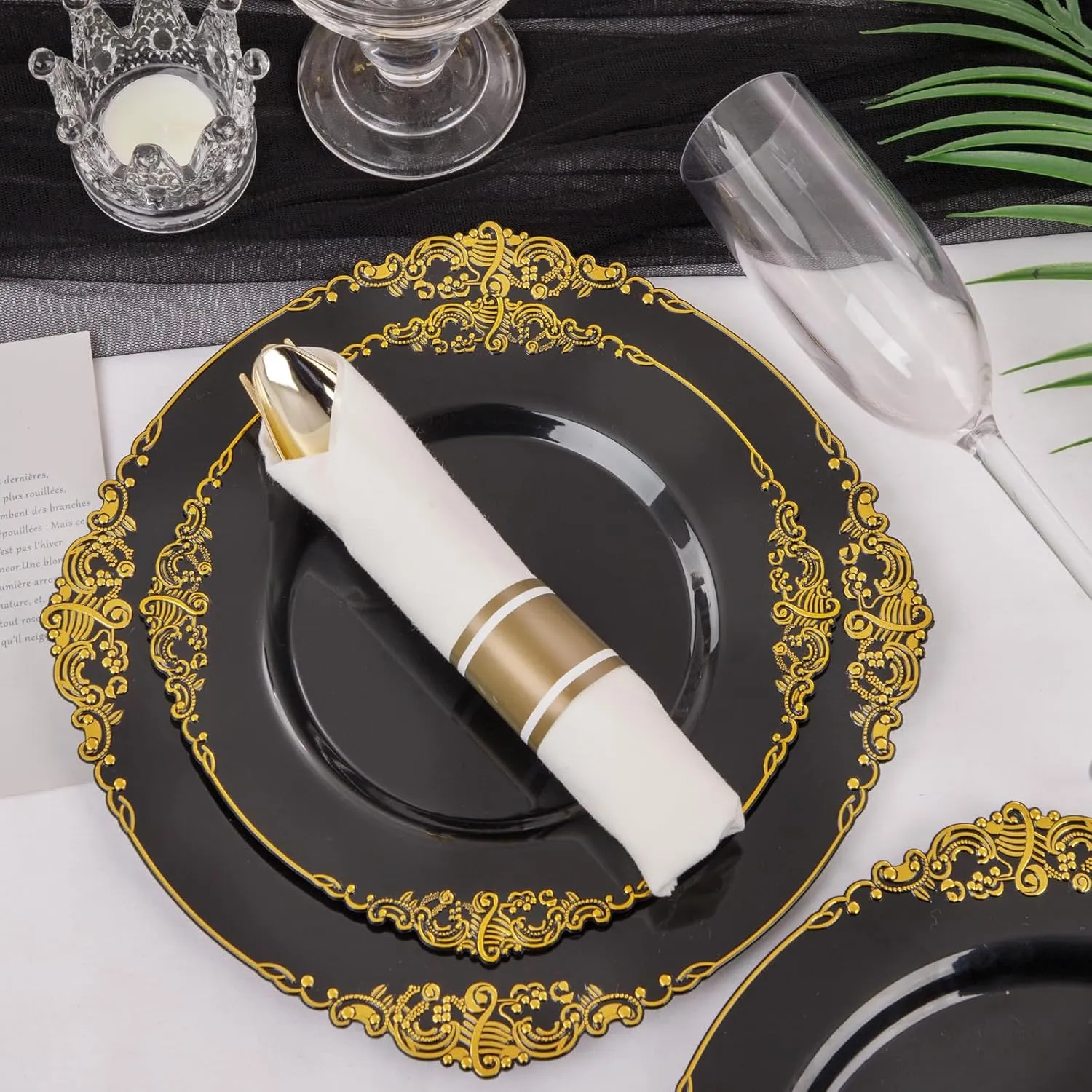 Nervure 175PCS Black Plastic Plates - Disposable Black Gold Party Plates & Pre Rolled Napkins with Cutlery for 25 Guests, 50Plates, 75Silverware, 25Cups, 25Napkin for Wedding & Father's Day & New Year