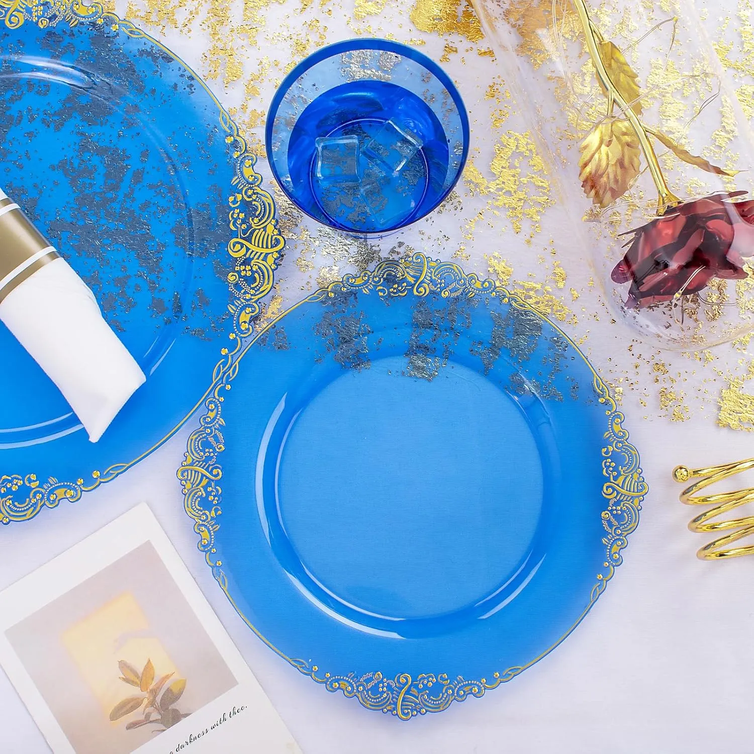 Nervure 175PCS Blue Plastic Plates - Disposable Blue Gold Party Plates & Pre Rolled Napkins with Cutlery for 25 Guests, 50Plates, 75Silverware, 25Cups, 25Napkin for Wedding & Party & Father's Day