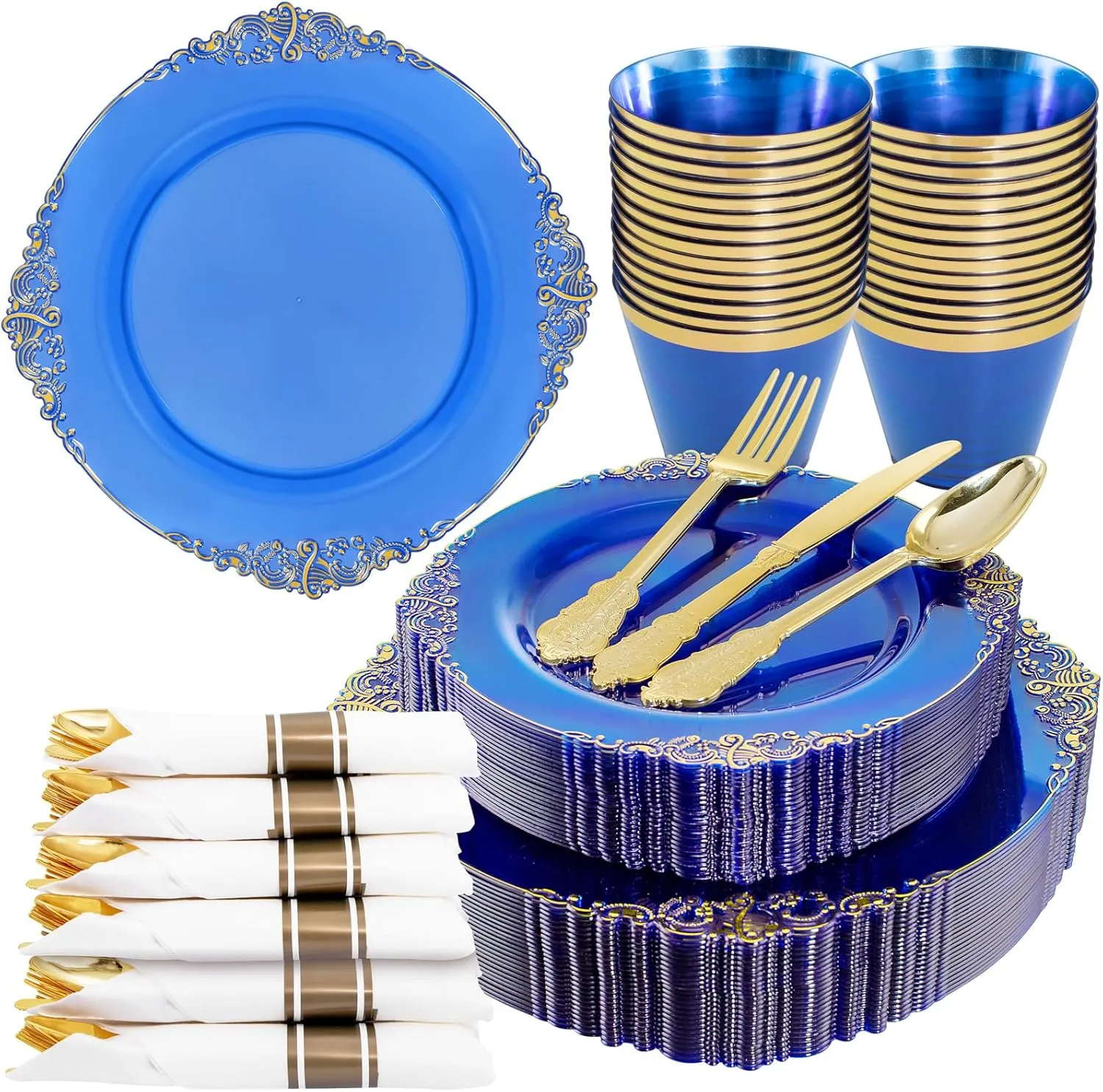 Nervure 175PCS Blue Plastic Plates - Disposable Blue Gold Party Plates & Pre Rolled Napkins with Cutlery for 25 Guests, 50Plates, 75Silverware, 25Cups, 25Napkin for Wedding & Party & Father's Day