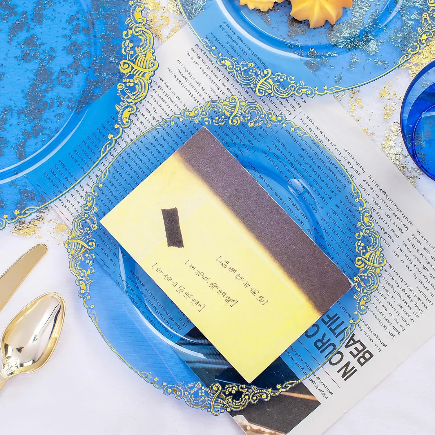 Nervure 175PCS Blue Plastic Plates - Disposable Blue Gold Party Plates & Pre Rolled Napkins with Cutlery for 25 Guests, 50Plates, 75Silverware, 25Cups, 25Napkin for Wedding & Party & Father's Day