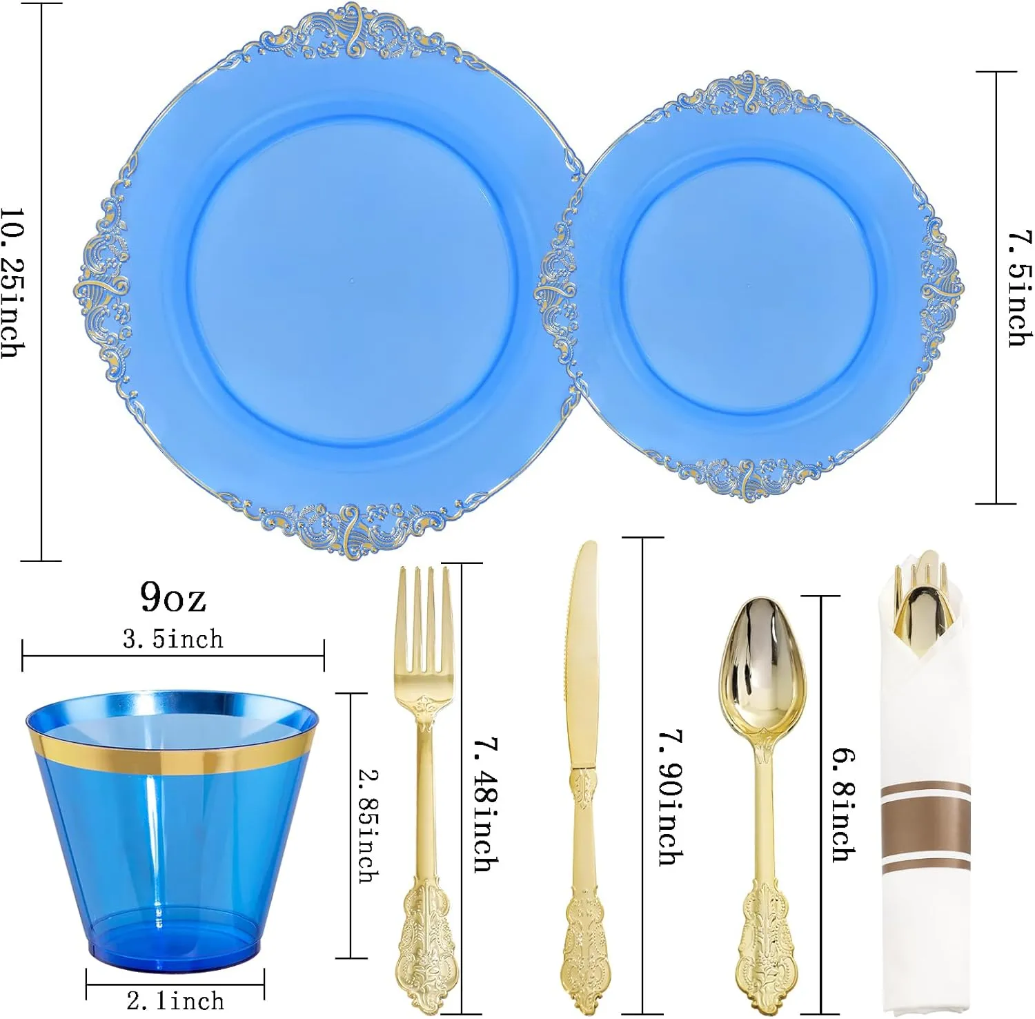 Nervure 175PCS Blue Plastic Plates - Disposable Blue Gold Party Plates & Pre Rolled Napkins with Cutlery for 25 Guests, 50Plates, 75Silverware, 25Cups, 25Napkin for Wedding & Party & Father's Day