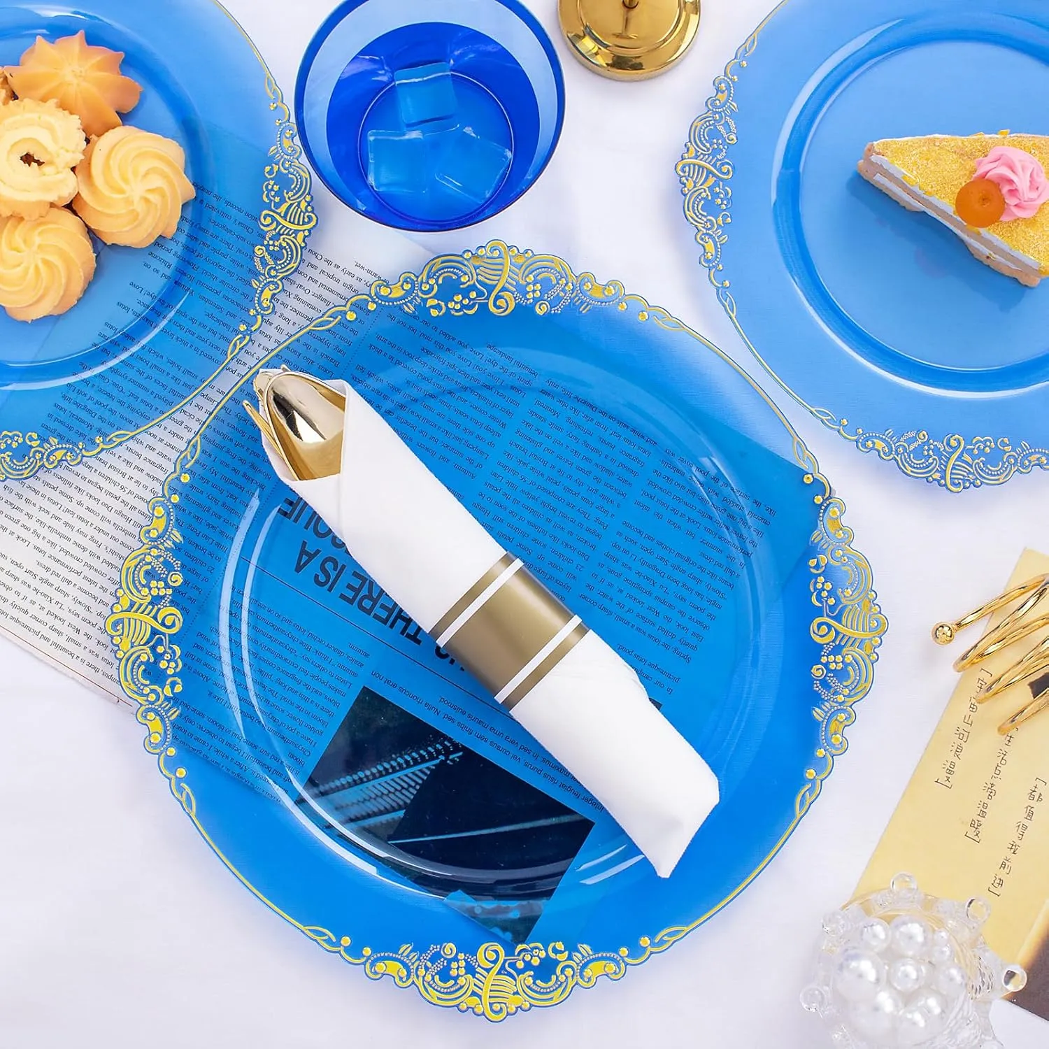 Nervure 175PCS Blue Plastic Plates - Disposable Blue Gold Party Plates & Pre Rolled Napkins with Cutlery for 25 Guests, 50Plates, 75Silverware, 25Cups, 25Napkin for Wedding & Party & Father's Day