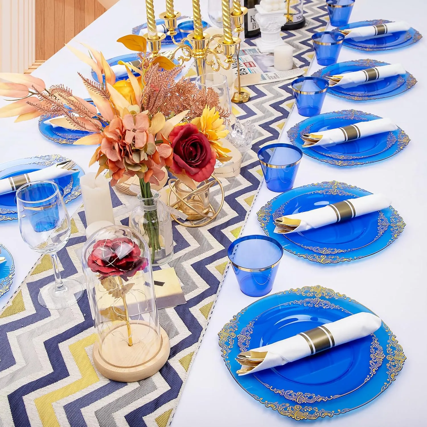 Nervure 175PCS Blue Plastic Plates - Disposable Blue Gold Party Plates & Pre Rolled Napkins with Cutlery for 25 Guests, 50Plates, 75Silverware, 25Cups, 25Napkin for Wedding & Party & Father's Day