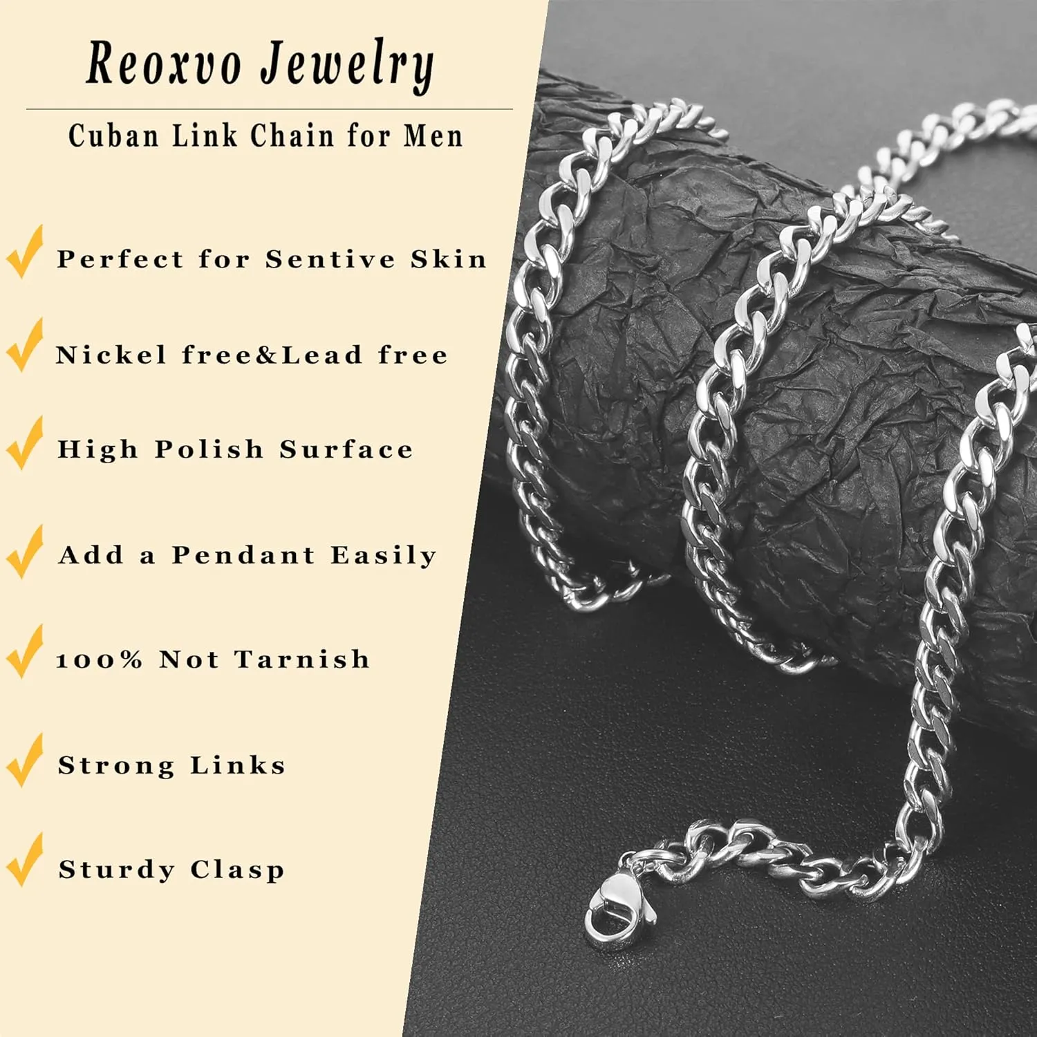 Reoxvo Cuban Link Chain for Men Stainless Steel Mens Necklaces 5mm Neck Chains Accessories Jewelry for Men 18/20/22/24/30 Inch
