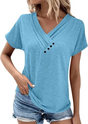 Short Sleeve Tops for Women Summer Dressy Pleated V Neck Buttons Decor Shirts Spring Casual Solid Color Tunic Tops