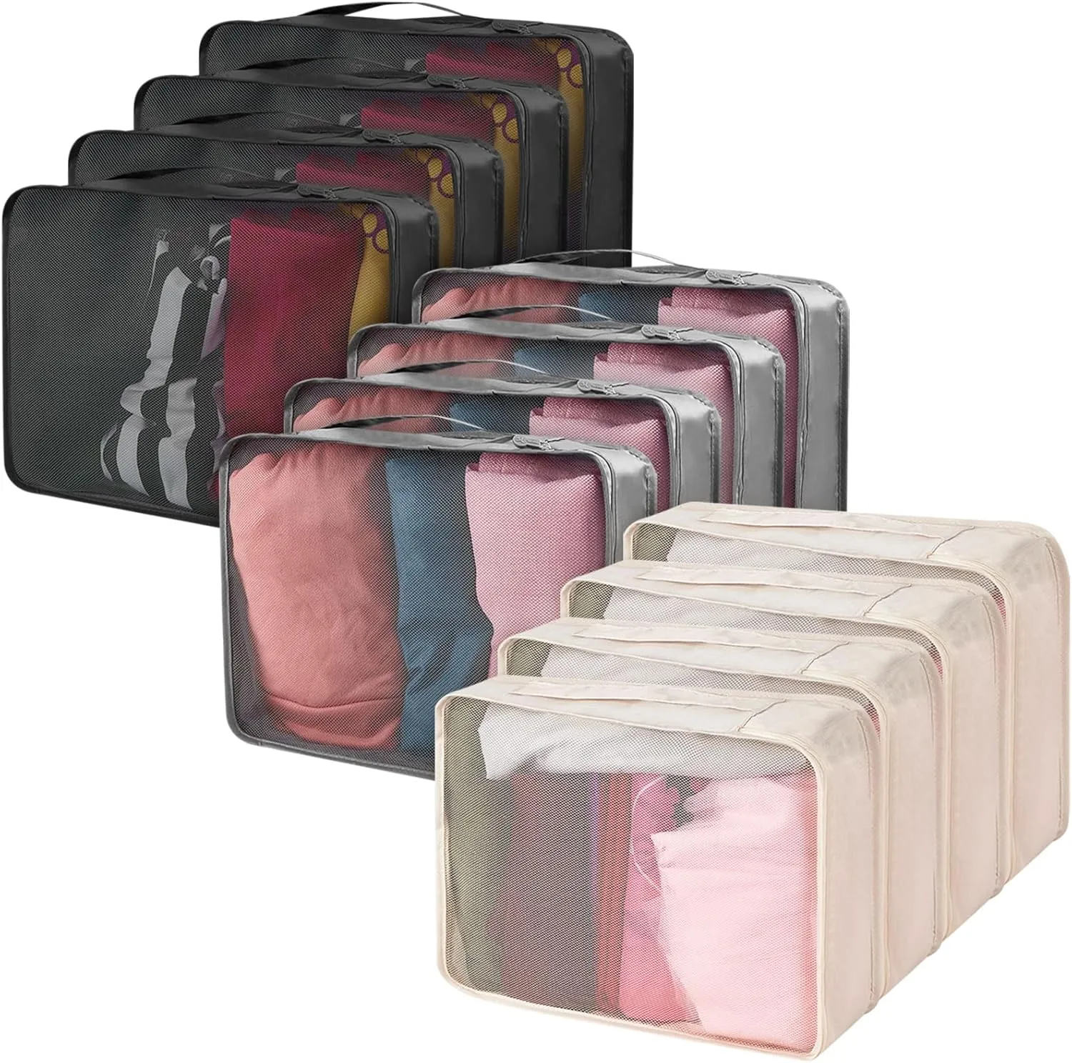 Silkfly 12 Pcs Packing Cubes for Suitcase Travel Luggage Bags Bulk Mesh Organizer Set for Hiking Camping Backpacking Clothes Accessories(Black,Gray,Beige)