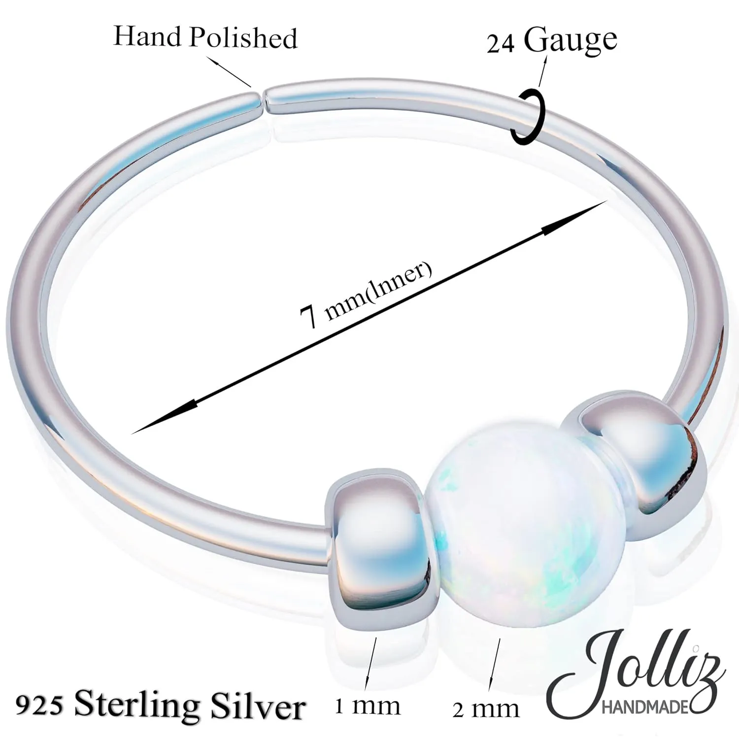 Silver Nose Ring - Thin Tiny White Opal 24 Gauge 7mm Nose Rings Hoop - 925 Sterling Silver Nose Piercing Jewelry For Women - Handmade Small Nose Hoops - Gift Ready