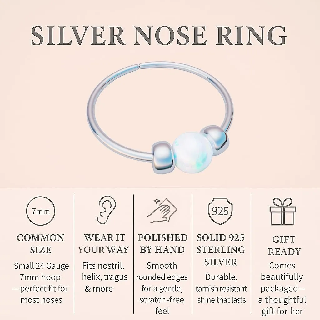 Silver Nose Ring - Thin Tiny White Opal 24 Gauge 7mm Nose Rings Hoop - 925 Sterling Silver Nose Piercing Jewelry For Women - Handmade Small Nose Hoops - Gift Ready