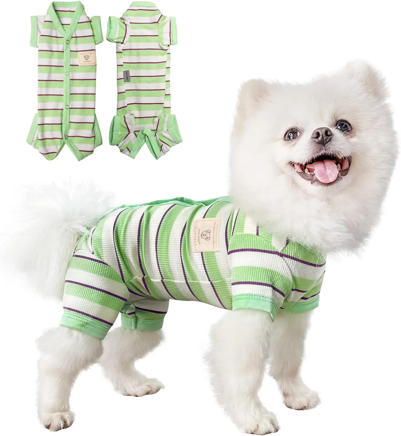 TONY HOBY Dog Jumpsuit 4 Legged Pajamas with Green Stripe, Female Dog Pajamas in Green, White for Small and Medium Size Dogs (Xl)