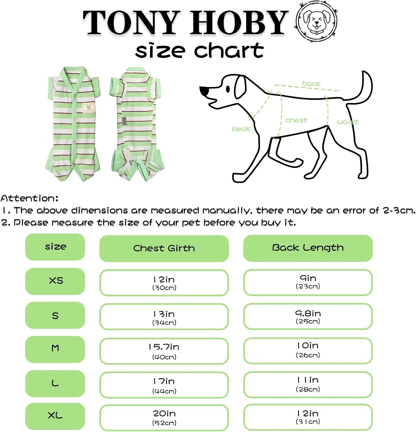 TONY HOBY Dog Jumpsuit 4 Legged Pajamas with Green Stripe, Female Dog Pajamas in Green, White for Small and Medium Size Dogs (Xl)