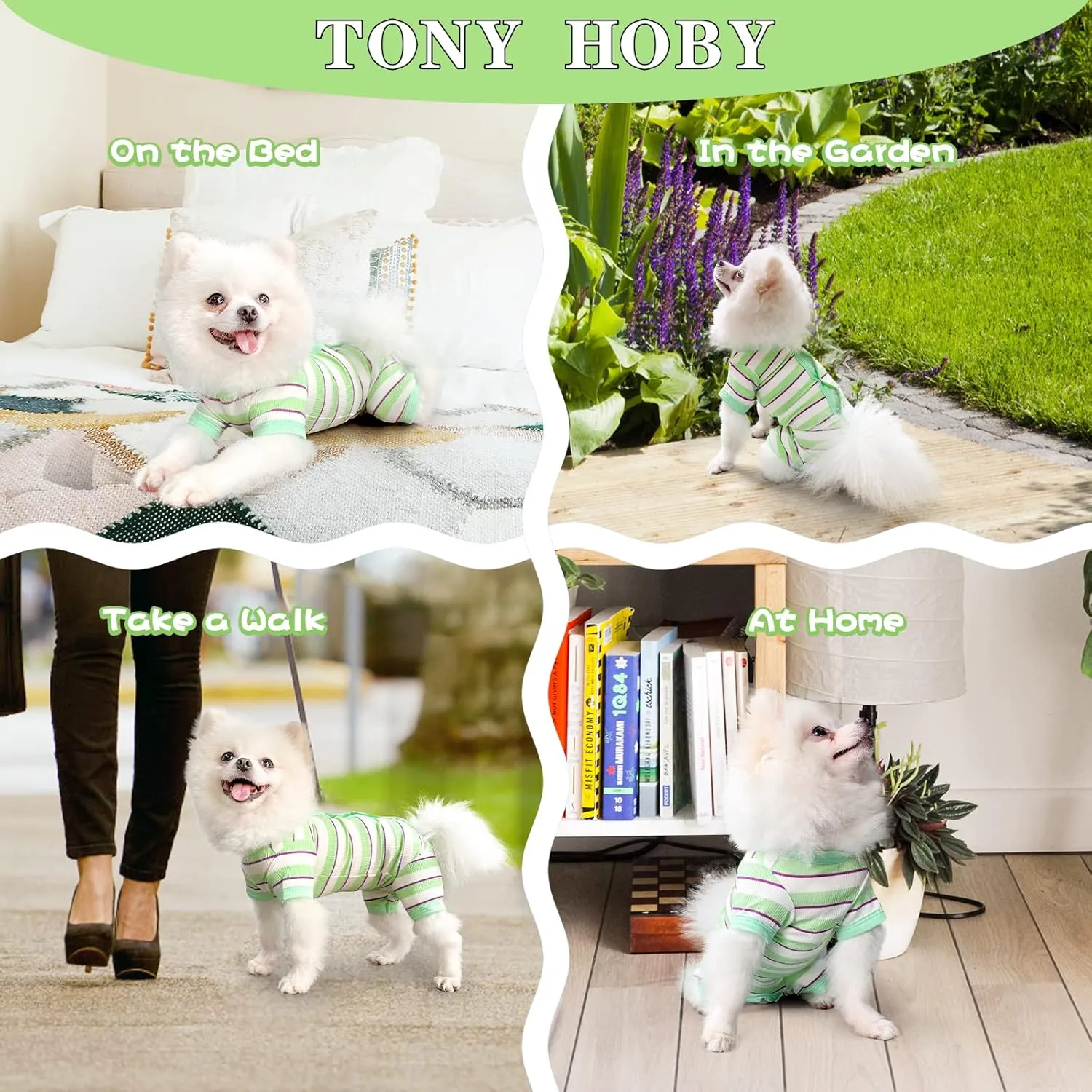 TONY HOBY Dog Jumpsuit 4 Legged Pajamas with Green Stripe, Female Dog Pajamas in Green, White for Small and Medium Size Dogs (Xl)