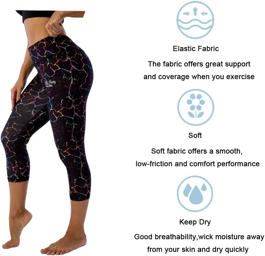 UIUO-UIPEU Pattern Printed Capri Leggings with Pockets for Women Tummy Control Workout Yoga Capris