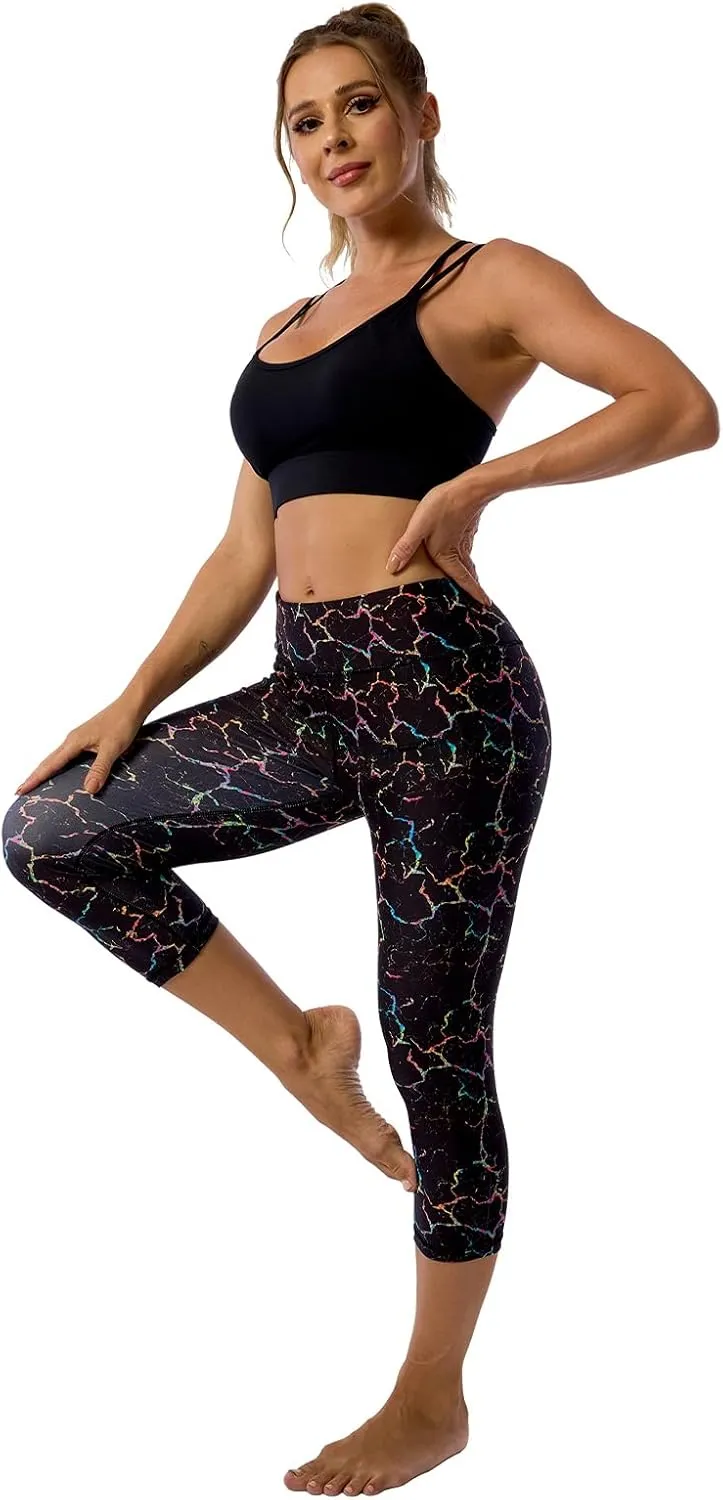 UIUO-UIPEU Pattern Printed Capri Leggings with Pockets for Women Tummy Control Workout Yoga Capris