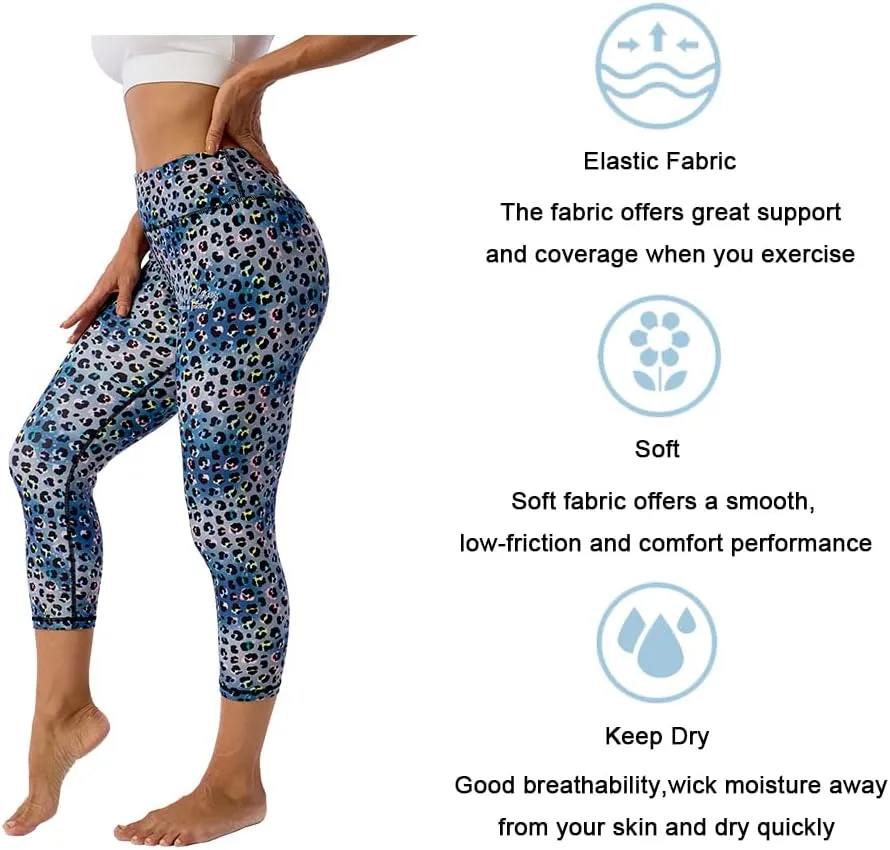 UIUO-UIPEU Pattern Printed Capri Leggings with Pockets for Women Tummy Control Workout Yoga Capris