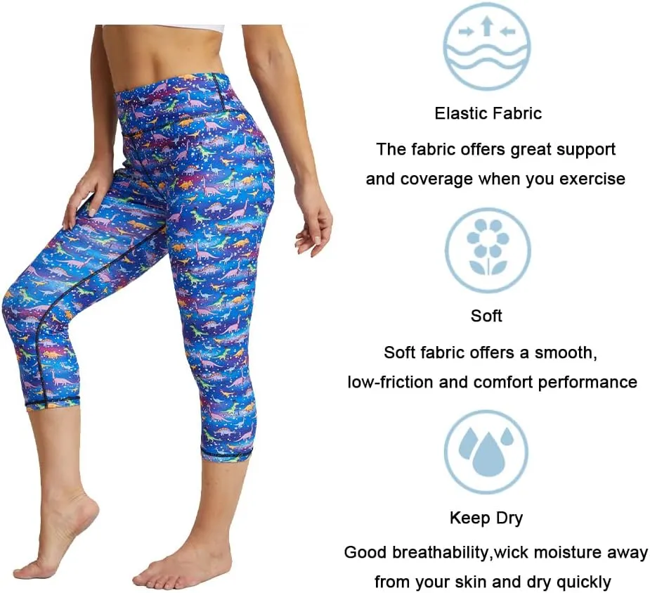 UIUO-UIPEU Pattern Printed Capri Leggings with Pockets for Women Tummy Control Workout Yoga Capris