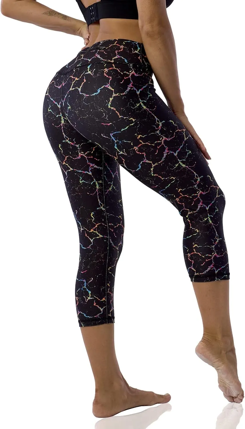 UIUO-UIPEU Pattern Printed Capri Leggings with Pockets for Women Tummy Control Workout Yoga Capris