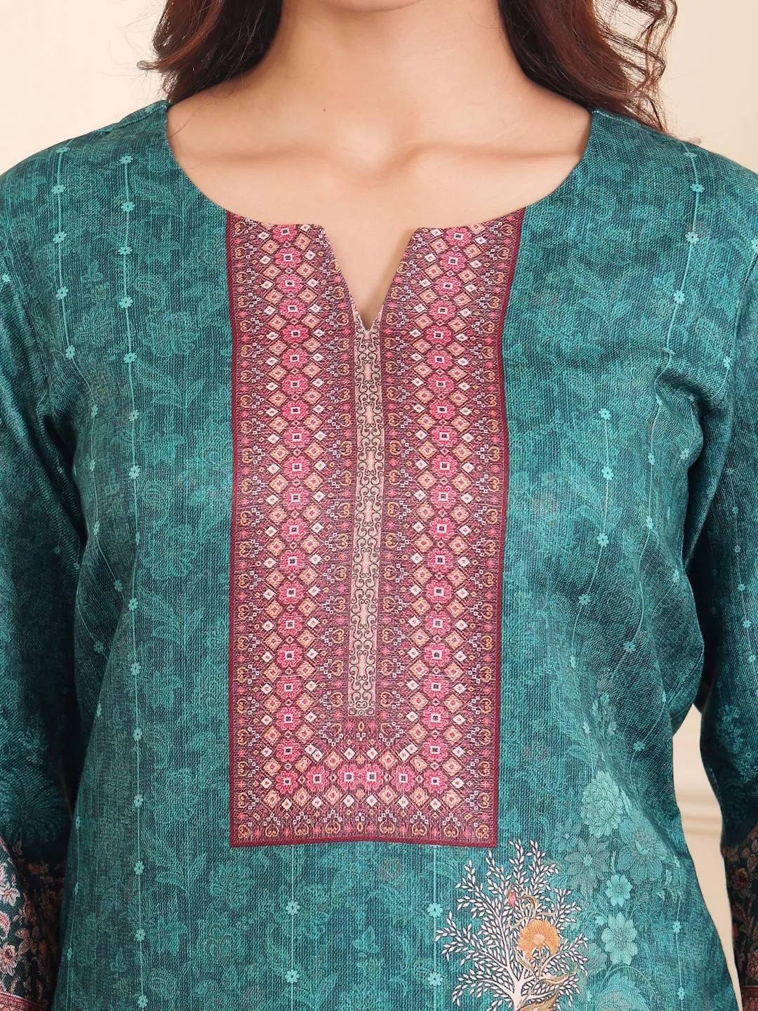 Varanga Women Teal Floral Printed Winter Straight Kurta With Trousers And Printed Dupatta
