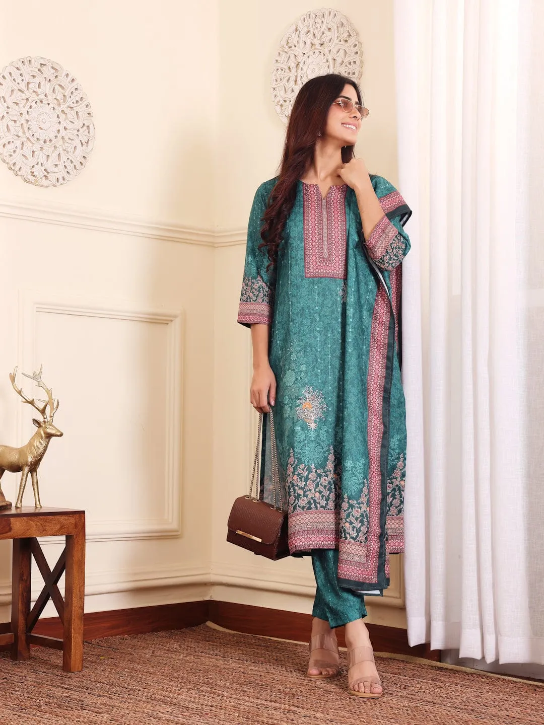 Varanga Women Teal Floral Printed Winter Straight Kurta With Trousers And Printed Dupatta