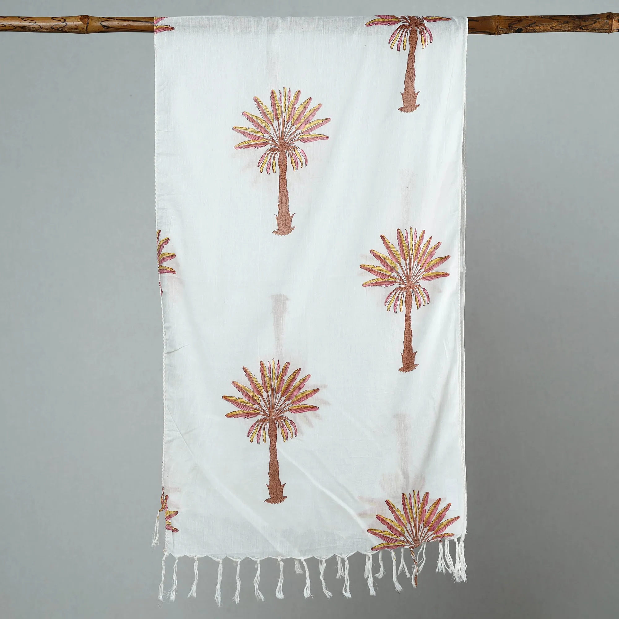White - Sanganeri Block Printed Cotton Stole with Tassels 163