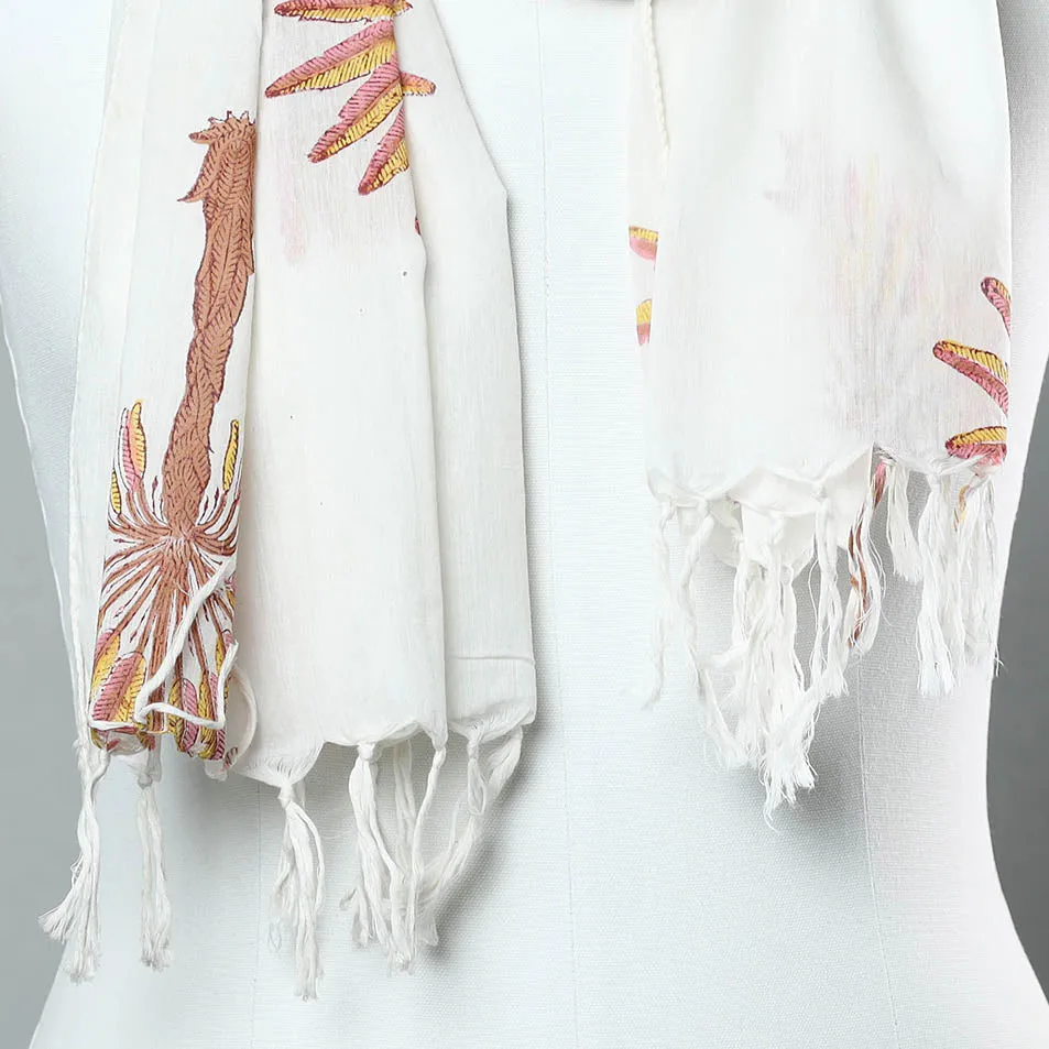 White - Sanganeri Block Printed Cotton Stole with Tassels 163