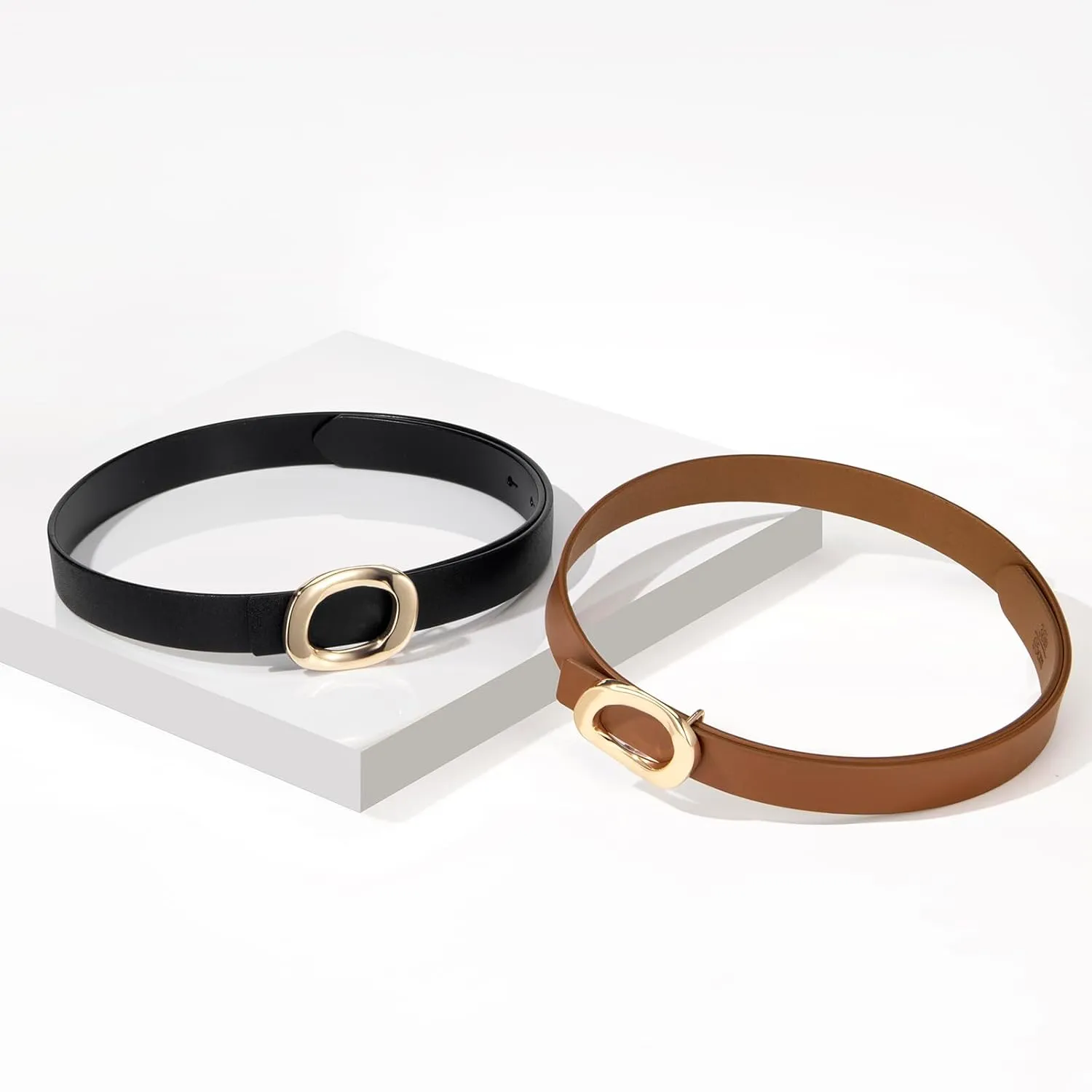 Womens Belt Leather Skinny Thin Waist Belt with Gold Oval Buckle for Dress Pants