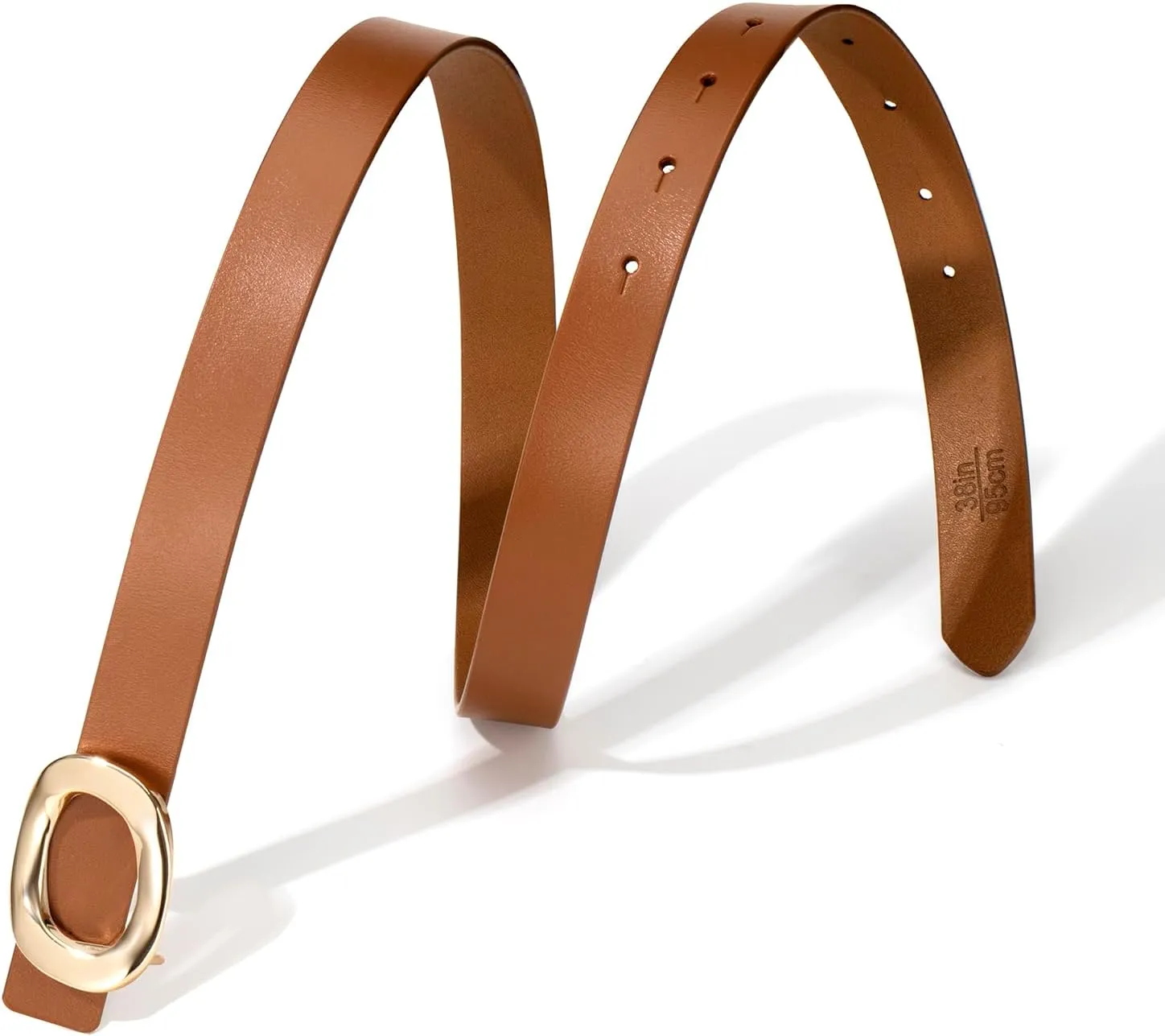 Womens Belt Leather Skinny Thin Waist Belt with Gold Oval Buckle for Dress Pants